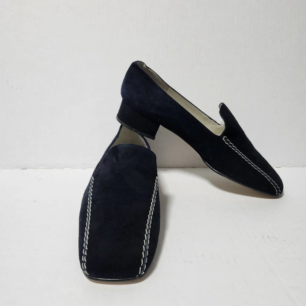 Vintage Laura Ashley Leather Blue Suede Loafers Heels Shoes 37 7 - Picture 2 of 8